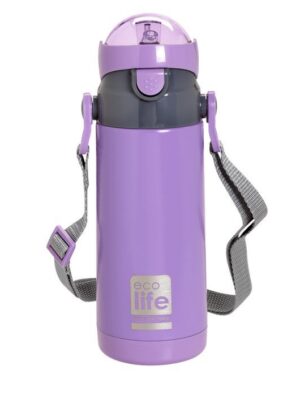 Μπουκάλι θερμός παιδικό 400ml με εσωτερικό καλαμάκι και ιμάντα μεταφοράς - Λιλά
