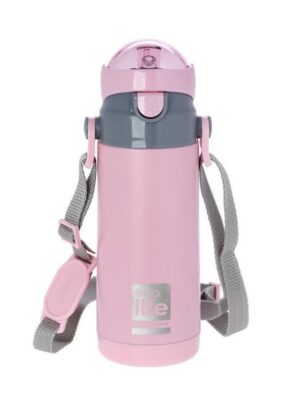 Μπουκάλι θερμός παιδικό 400ml με εσωτερικό καλαμάκι και ιμάντα μεταφοράς - Ροζ
